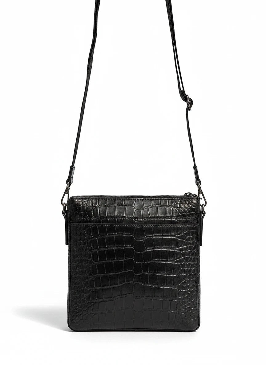 Barutti black leather crossbody bag with crocodile-embossed front panel and adjustable strap.