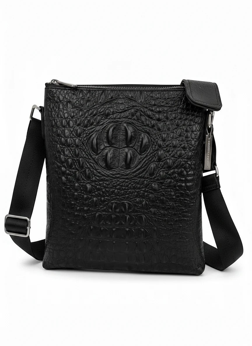 Barutti black leather crossbody bag with crocodile-embossed front panel and adjustable strap.