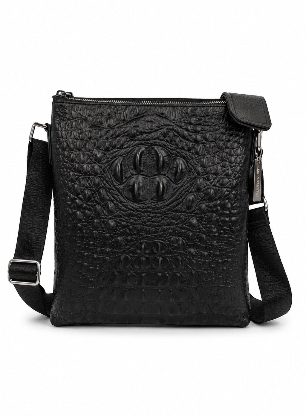 Barutti black leather crossbody bag with crocodile-embossed front panel and adjustable strap.