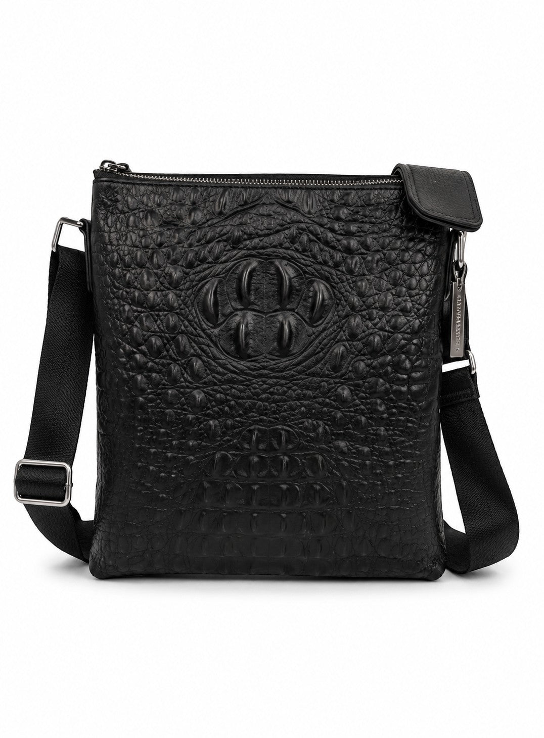 Barutti black leather crossbody bag with crocodile-embossed front panel and adjustable strap.