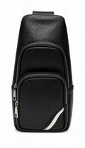 Barutti The Como black pebbled leather chest sling with brass zippers and slim body-hugging design.