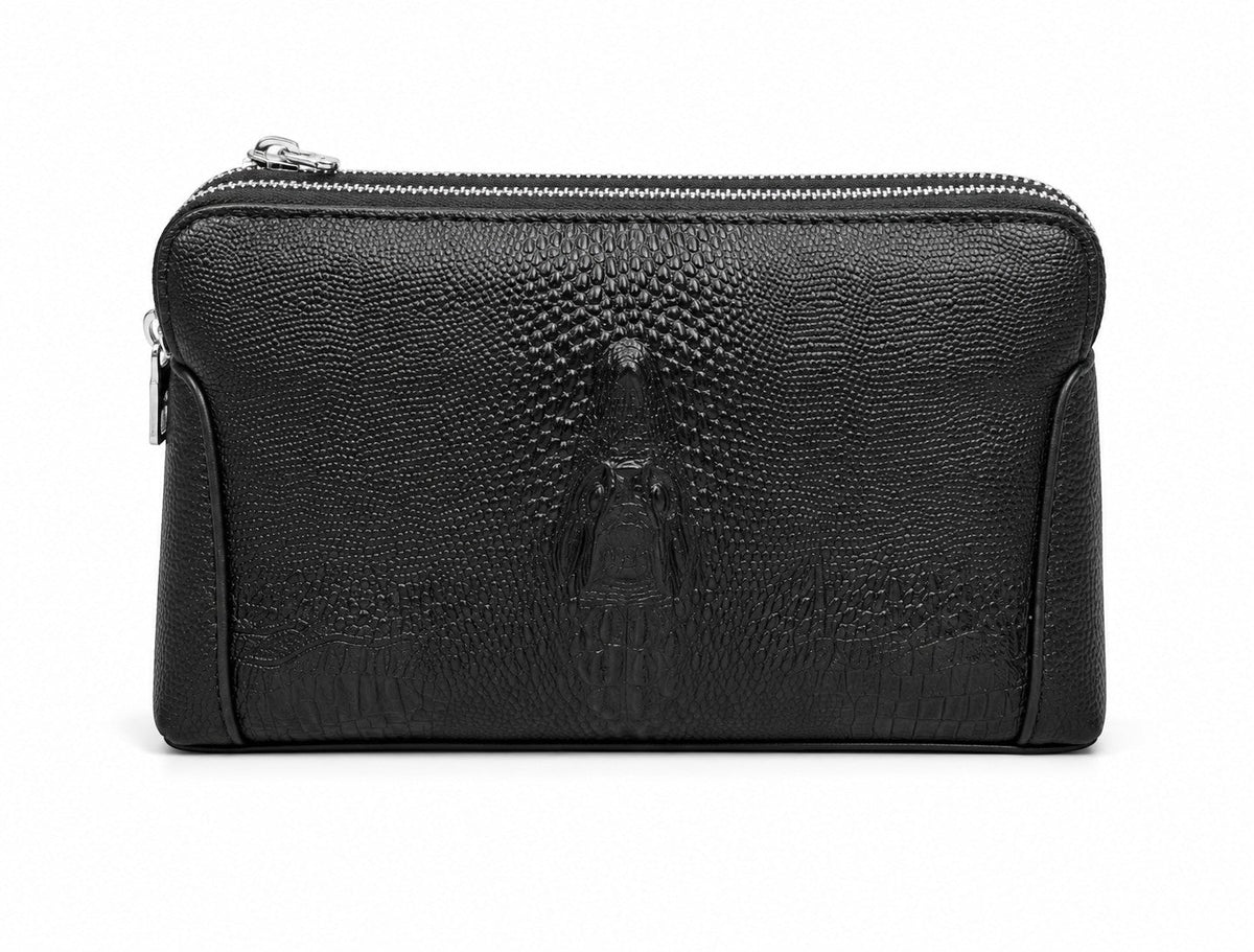 Barutti Firenze black crocodile-embossed leather travel wallet with dual brass zippers.