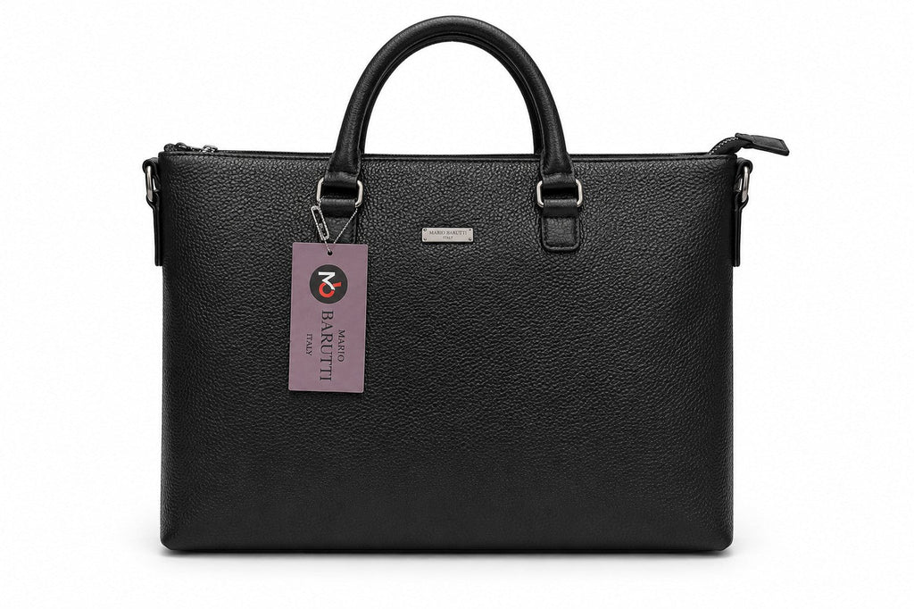 Barutti Genova black leather slim briefcase with top handles and metal hardware.