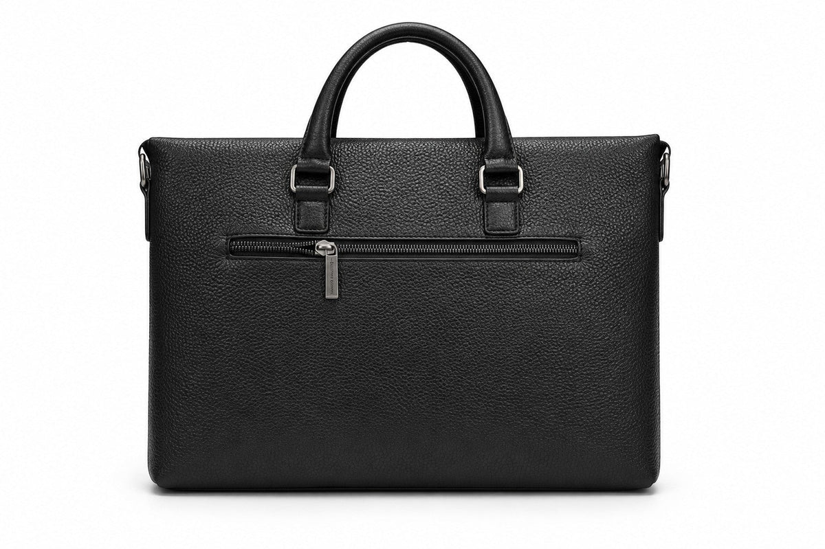 Barutti The Genova black leather slim briefcase with top handles and exterior zip pocket