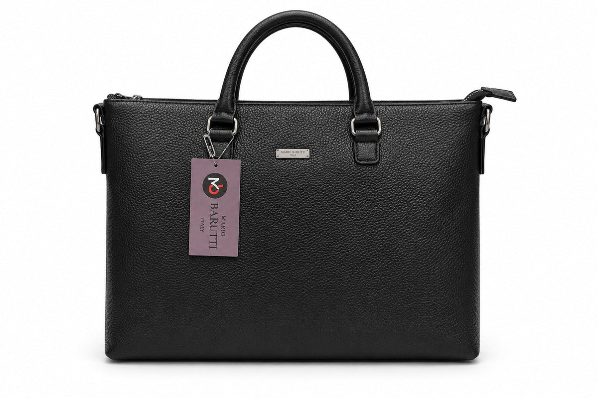 Barutti Genova black leather slim briefcase with top handles and metal hardware.