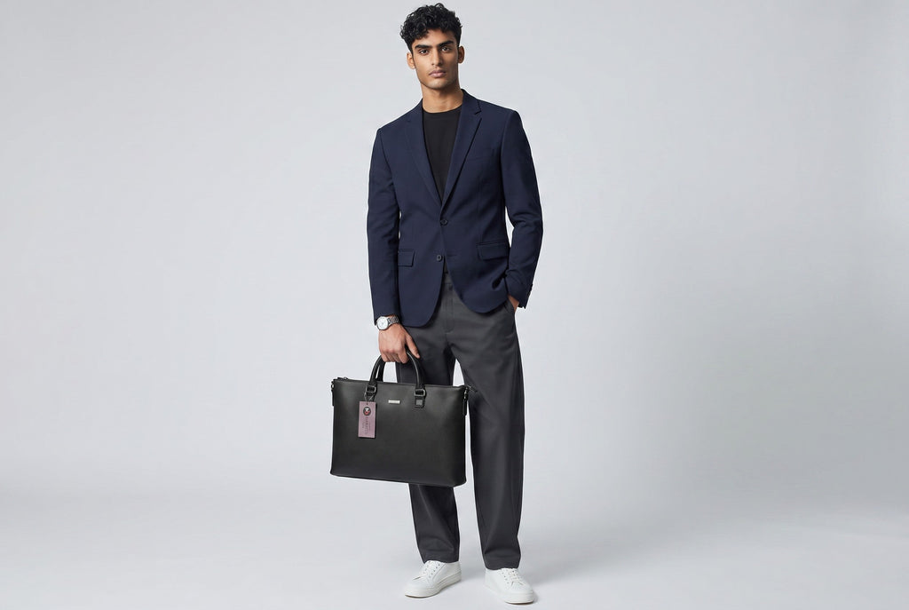Man in a navy blazer holding a black Barutti Genova leather slim laptop briefcase.