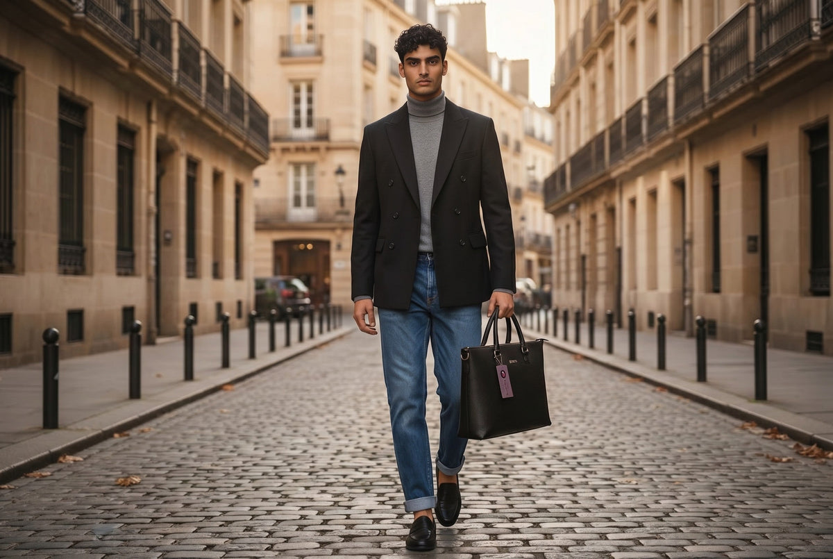 Man in blazer walking on cobblestone street carrying a Barutti Genova leather briefcase