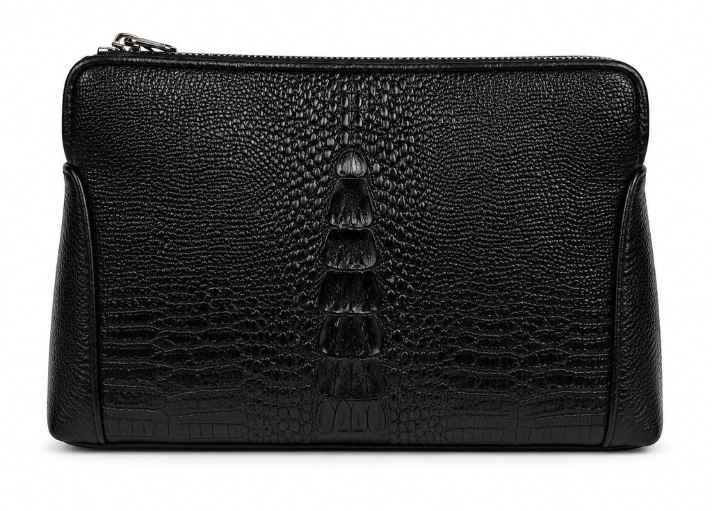Barutti The Lecco black crocodile-embossed leather zip clutch with brass zipper and wrist loop.