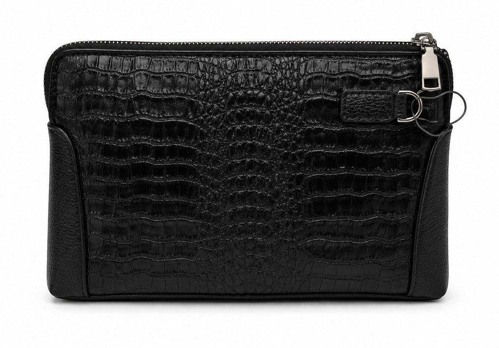 Barutti The Lecco black crocodile-embossed leather zip clutch with brass hardware.