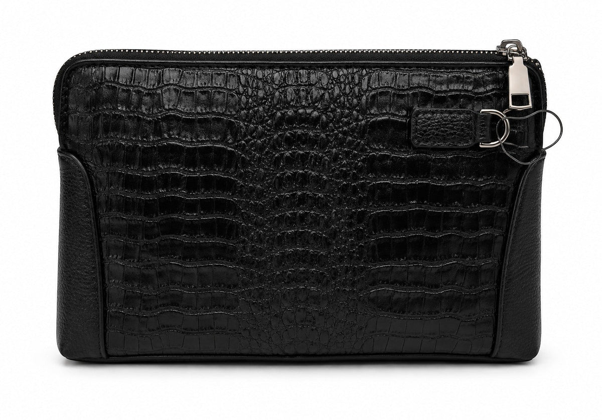 Barutti The Lecco black crocodile-embossed leather zip clutch with brass hardware.