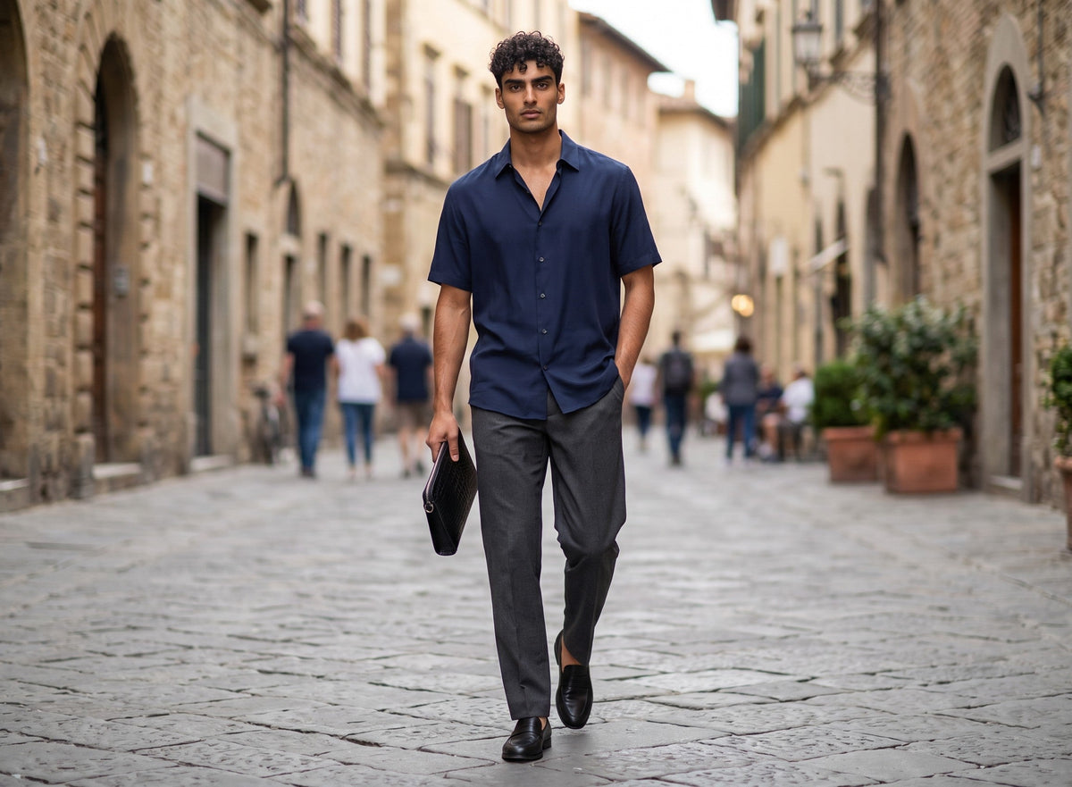 Man walking in a city street carrying a Barutti The Lecco black croc-embossed leather zip clutch.