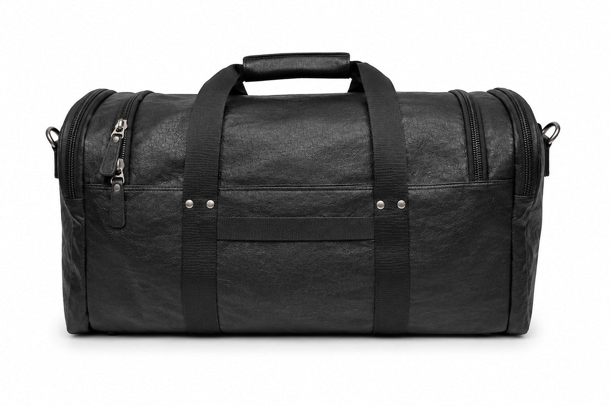 Barutti The Lucca black leather weekender duffel bag with a structured design.