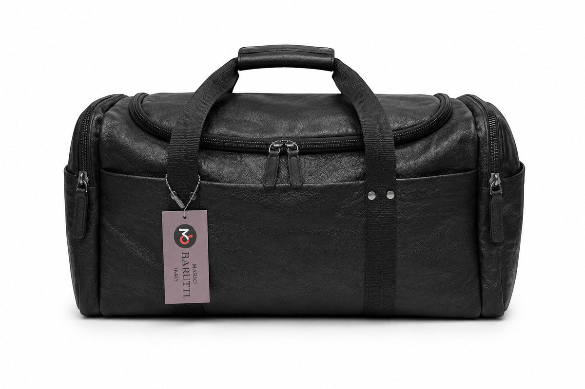 Barutti The Lucca black leather weekender duffel bag with a wide top zip.