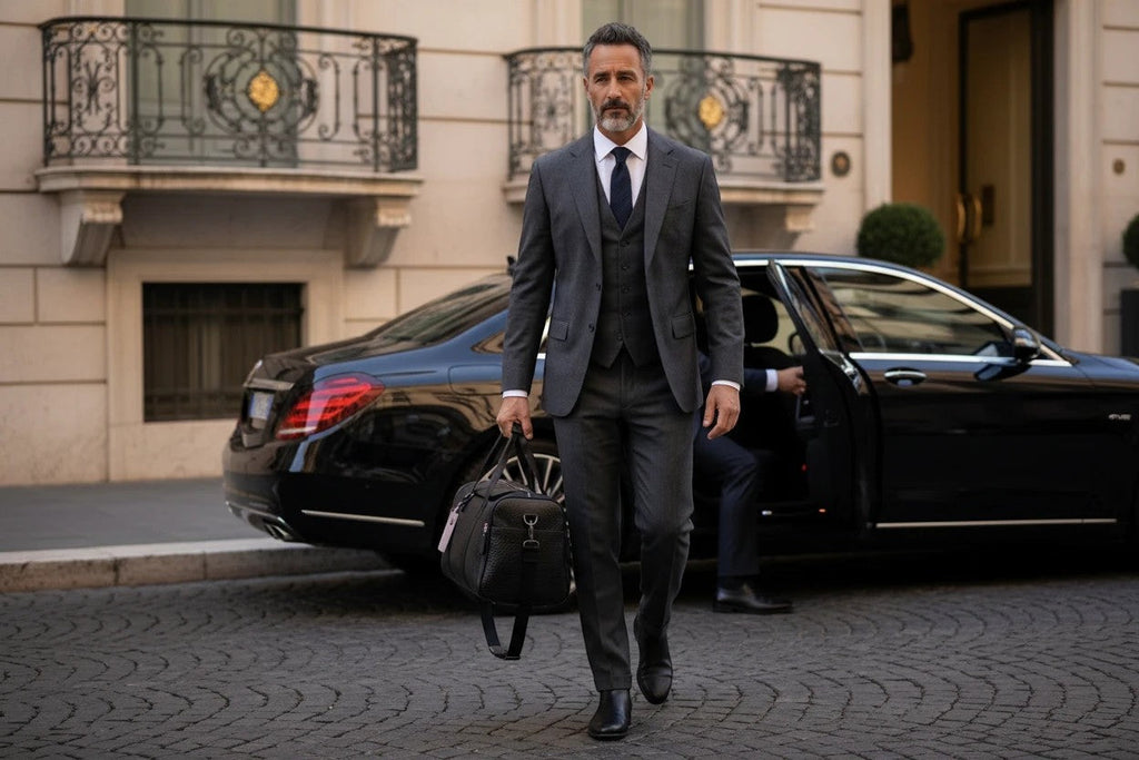 Man in a grey suit carrying a Barutti black leather Lucca weekender duffel bag.