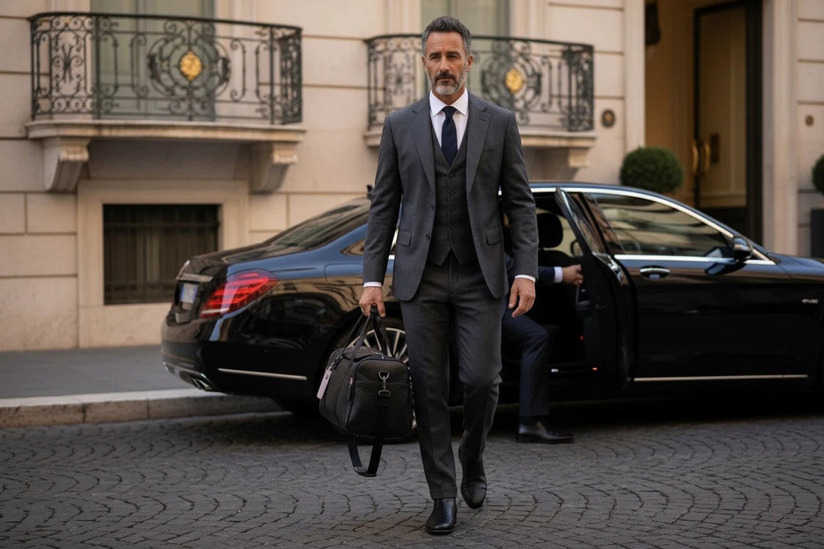 Man in a grey suit carrying a Barutti black leather Lucca weekender duffel bag.