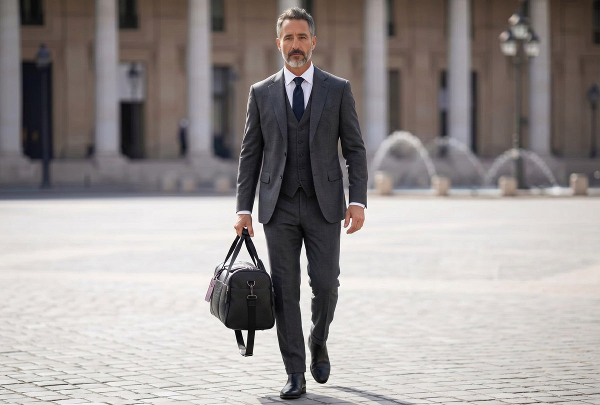 Man in a grey suit carrying a Barutti black leather Lucca weekender duffel bag.