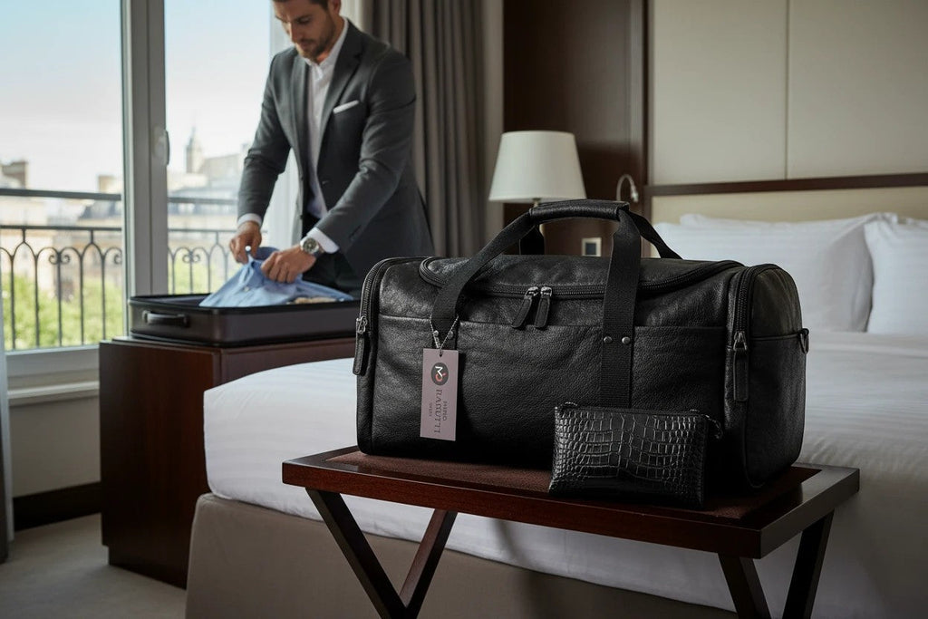 Barutti Lucca black leather weekender duffel bag on a hotel luggage rack.