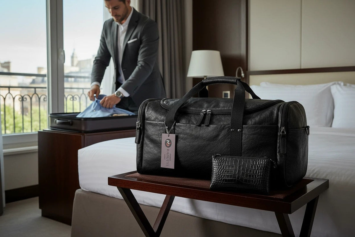 Barutti Lucca black leather weekender duffel bag on a hotel luggage rack.