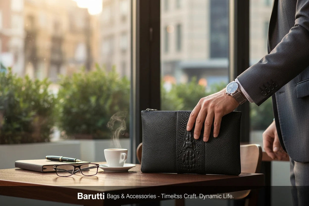 Barutti Milano black pebbled leather zip clutch with crocodile-embossed band on a cafe table.