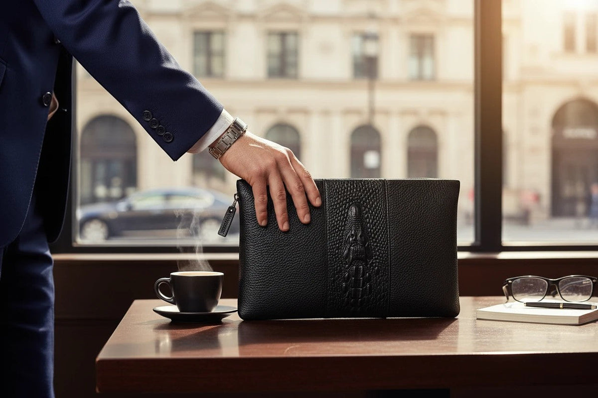 Barutti Milano black pebbled leather zip clutch with crocodile-embossed band on a wooden table.