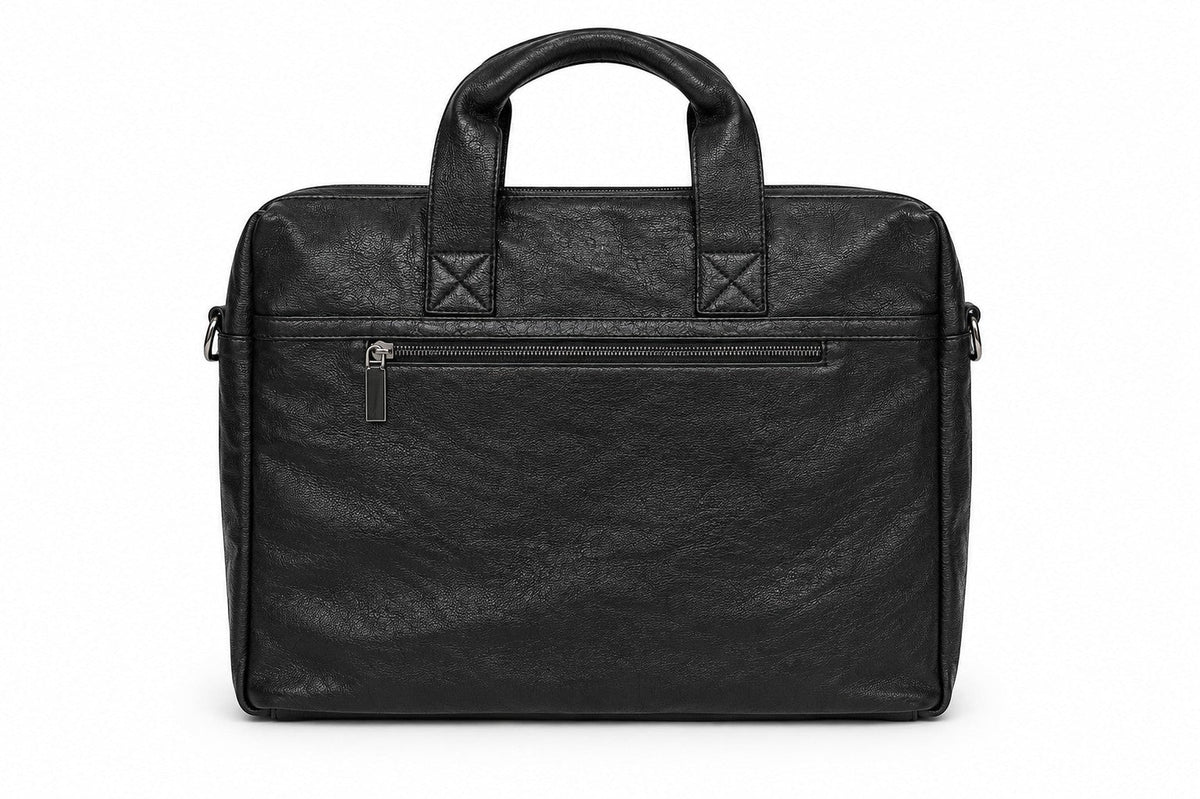 Barutti The Modena black leather laptop bag with top handles and exterior zip pocket.