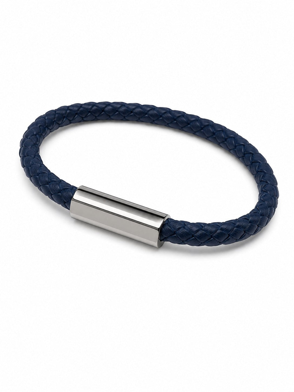 Barutti navy blue braided leather bracelet with a polished stainless-steel clasp.
