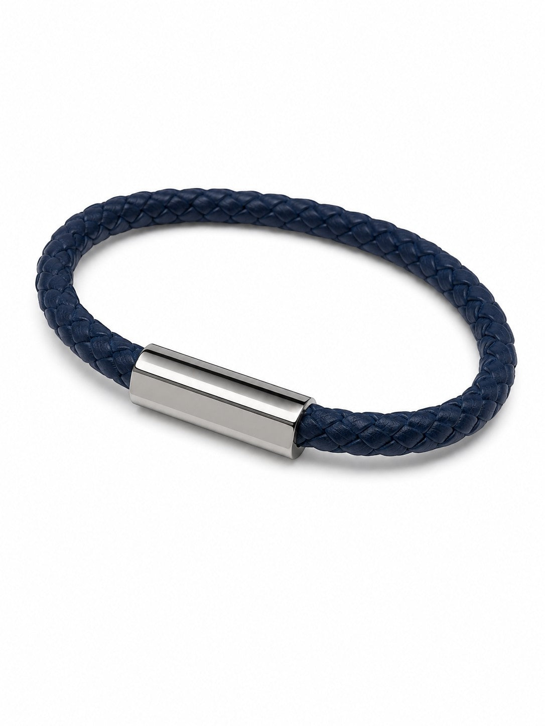 Barutti navy blue braided leather bracelet with a polished stainless-steel clasp.