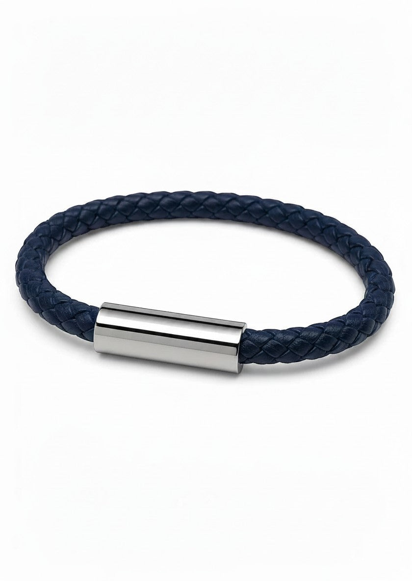 Barutti navy blue braided leather bracelet with a polished stainless-steel clasp.