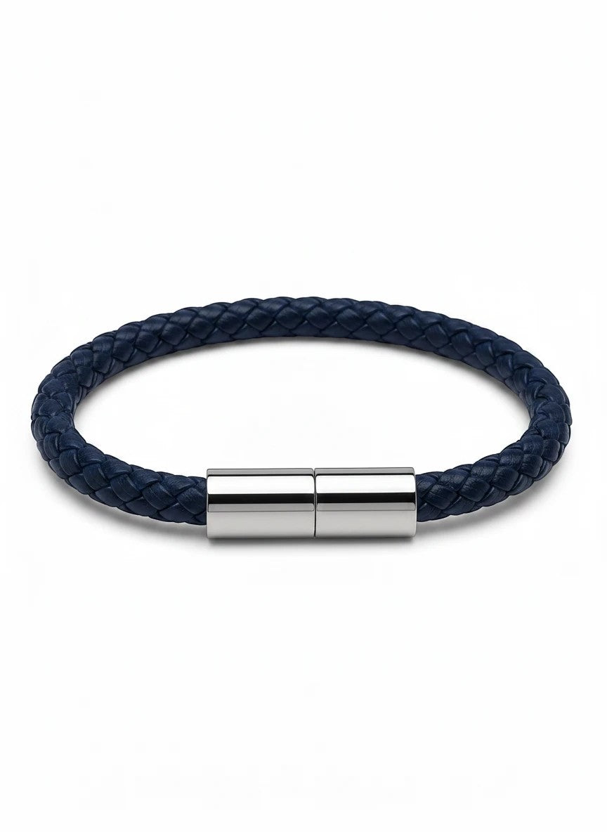 Barutti navy blue braided leather bracelet with a polished stainless-steel clasp.