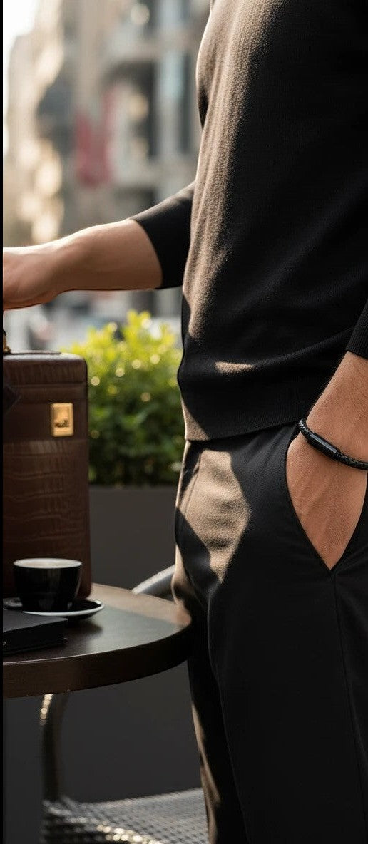 Barutti Nero black braided leather bracelet with matte stainless-steel magnetic clasp.
