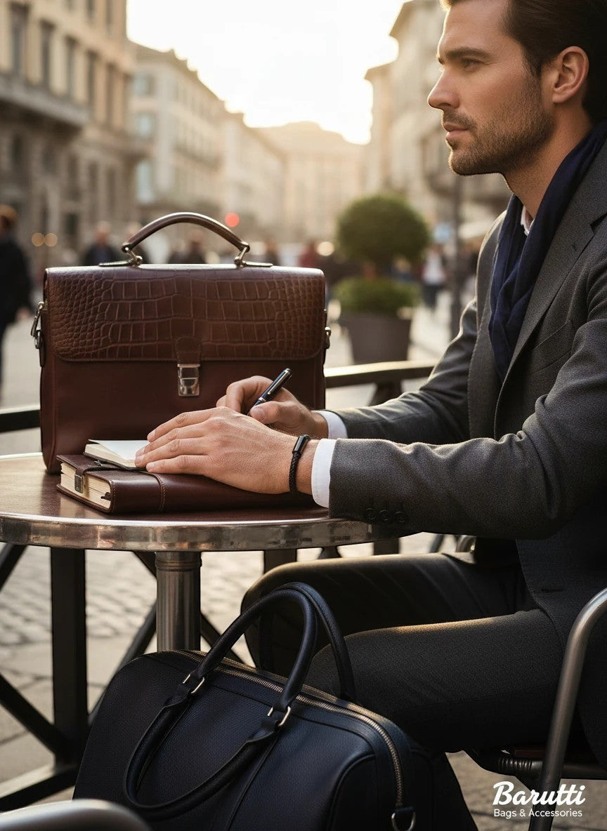 Man wearing a Barutti Nero black braided leather bracelet with a matte black magnetic clasp.