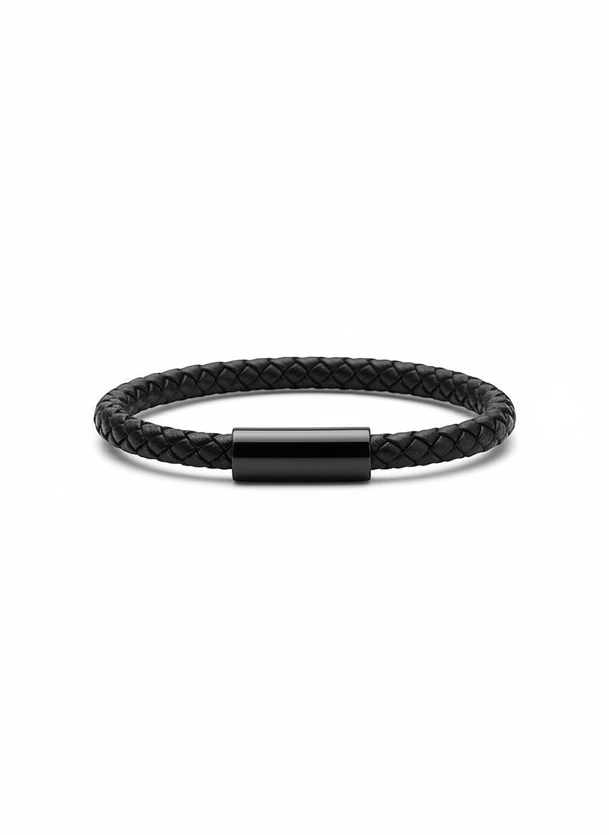 Barutti The Nero black braided leather bracelet with a matte stainless-steel clasp.