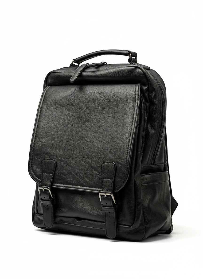 Barutti Padova black leather commuter backpack with brass zippers and laptop sleeve.