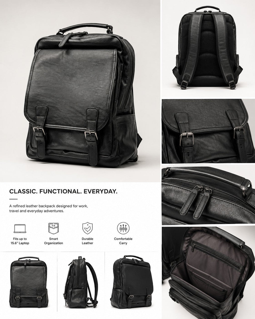 Barutti Padova black leather commuter backpack with laptop sleeve and brass zippers.