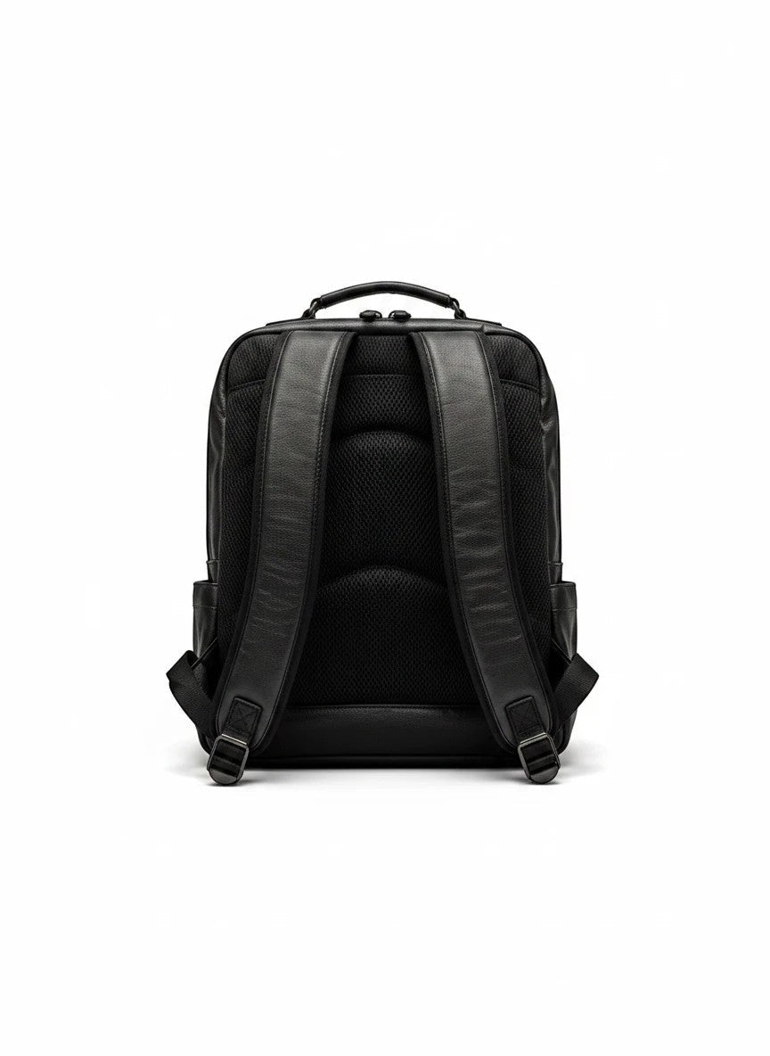 Barutti Padova black leather commuter backpack with padded back and shoulder straps.