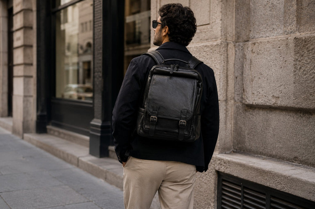 Man wearing a black Barutti leather commuter backpack on a city street.