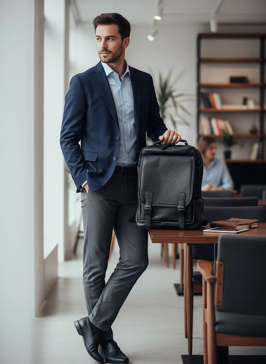 Man in business attire holding a black Barutti leather commuter backpack in an office.