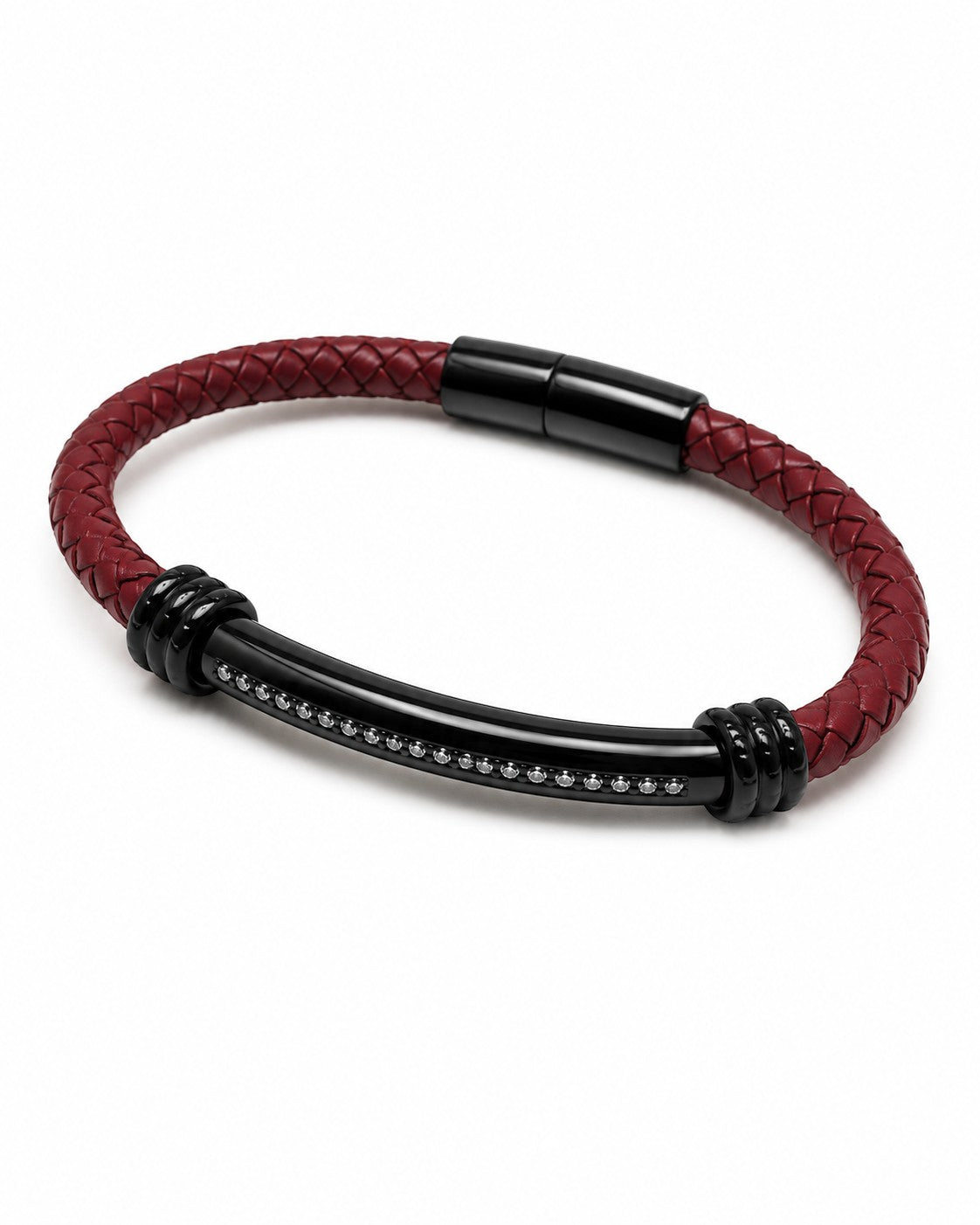 Barutti red braided leather bracelet with a black stainless steel ID bar and knurled inlay.