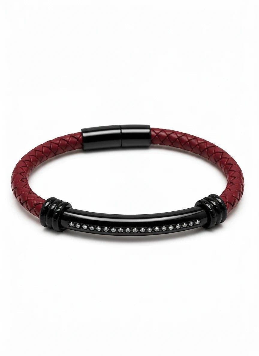 Barutti red braided leather bracelet with black stainless-steel ID bar and knurled inlay