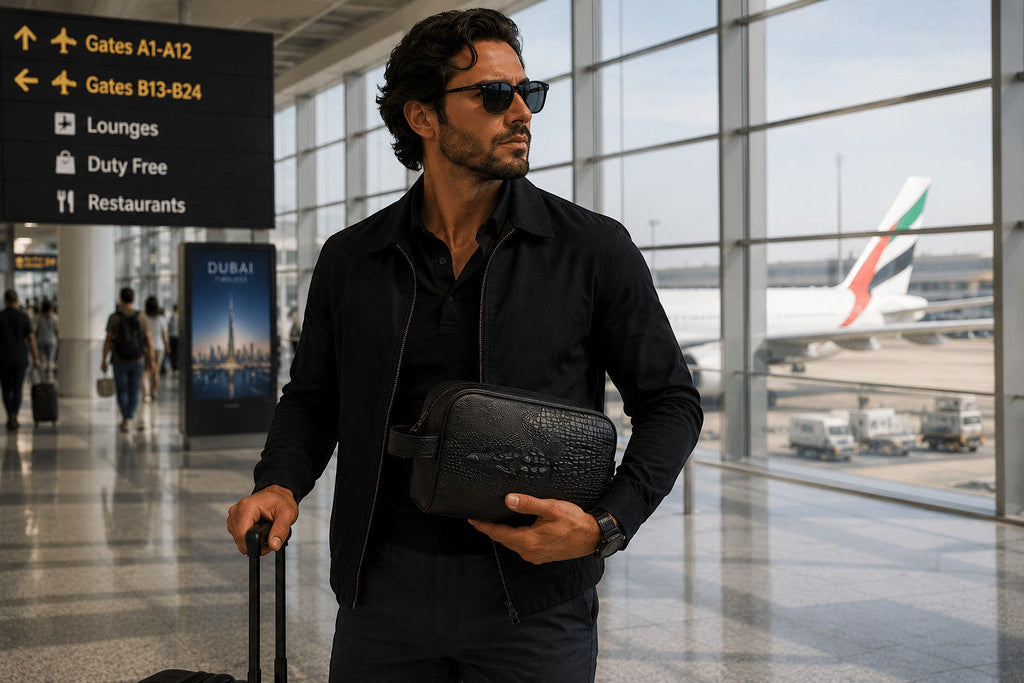 Man in airport holding a black Barutti Roma leather dopp kit with crocodile-embossed detail.