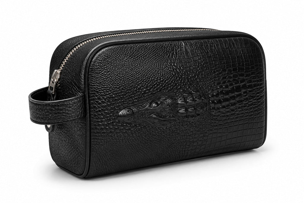Barutti The Roma black pebbled leather dopp kit with crocodile-embossed front band and side handle.