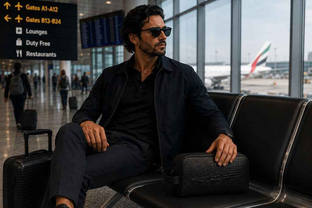 Man in sunglasses holding a black Barutti pebbled leather Roma dopp kit at an airport terminal.