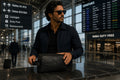 Man holding a black Barutti Roma leather dopp kit with crocodile-embossed detail at an airport.