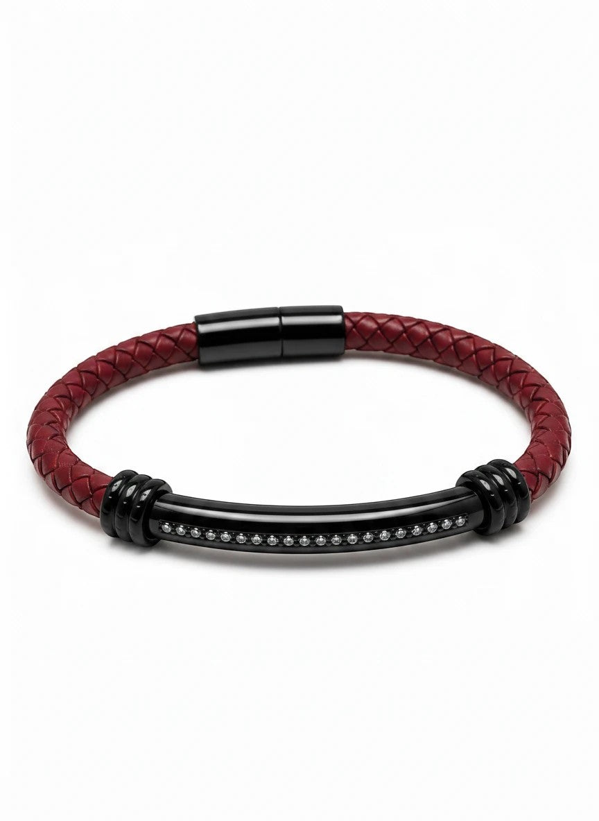 Barutti The Rosso red braided leather bracelet with black stainless-steel ID bar.