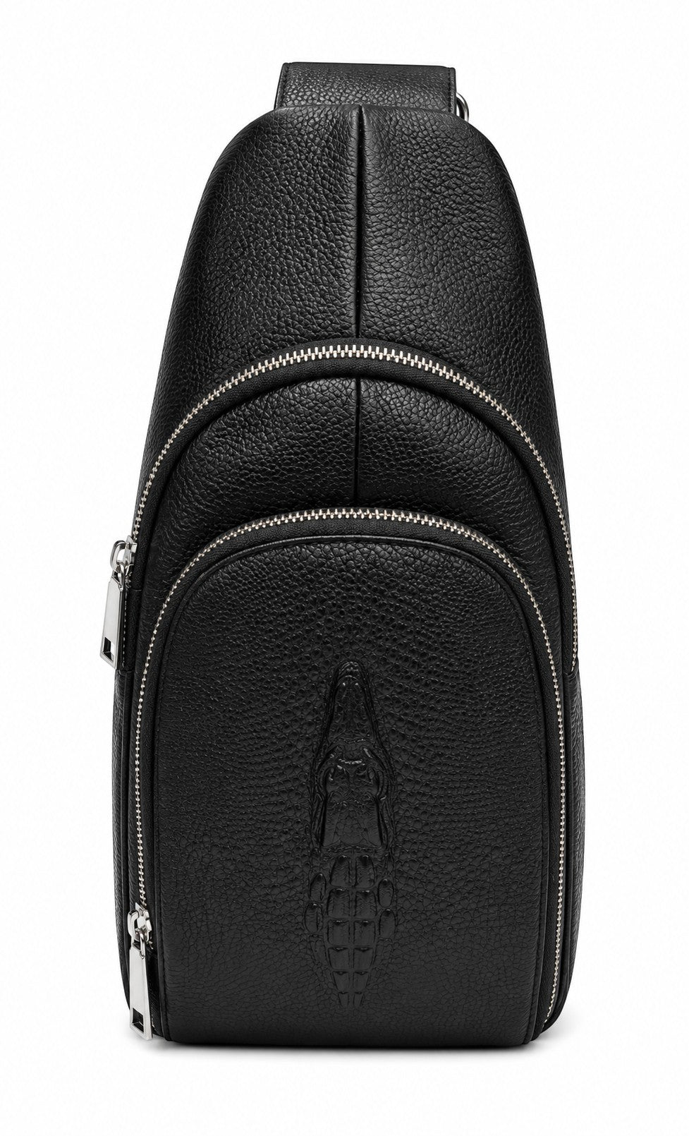 Barutti Sorrento black croc-embossed leather chest sling bag with brass zippers.