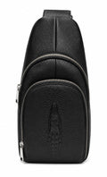 Barutti Sorrento black croc-embossed leather chest sling bag with brass zippers.