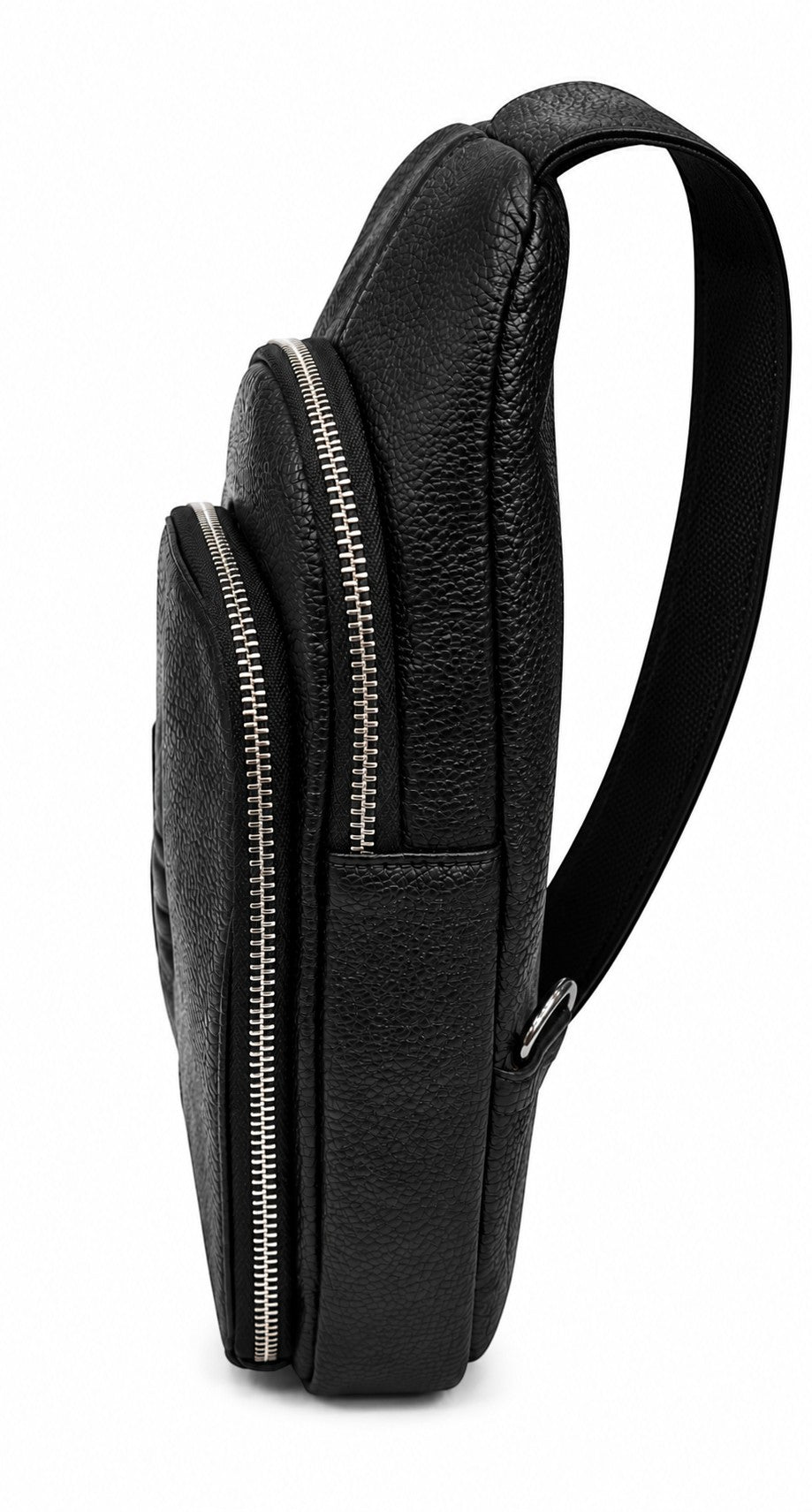 Barutti Sorrento black croc-embossed leather chest sling bag with adjustable strap and brass zippers.