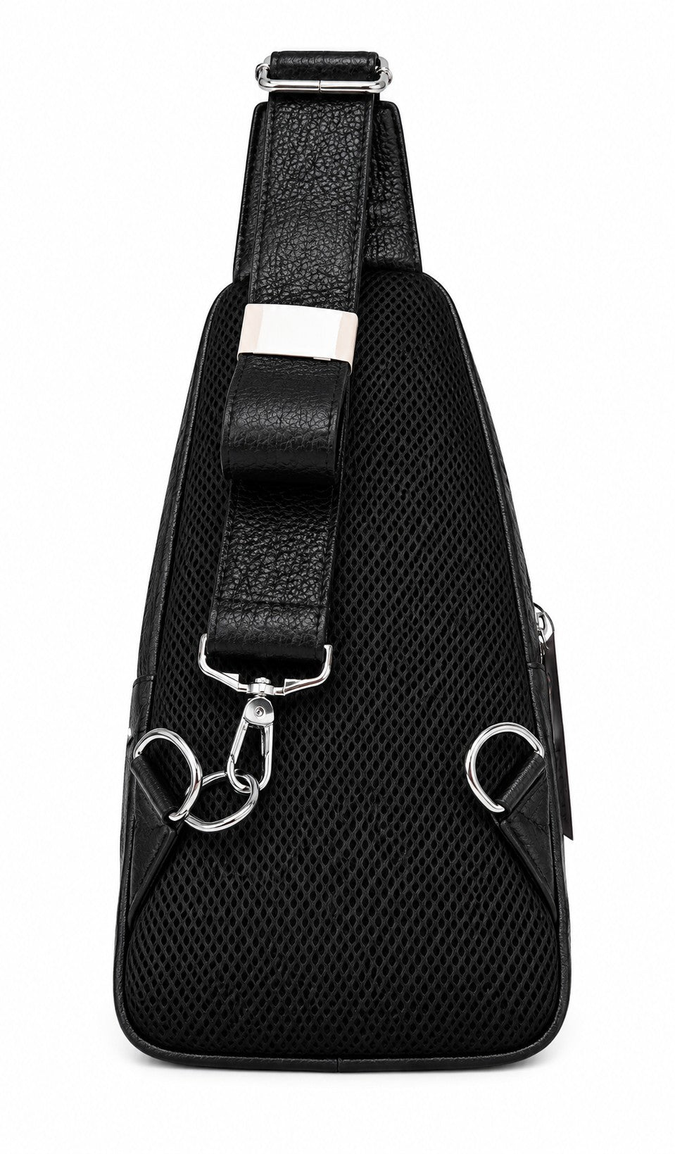 Barutti Sorrento black croc-embossed leather sling bag with adjustable strap and mesh back panel.