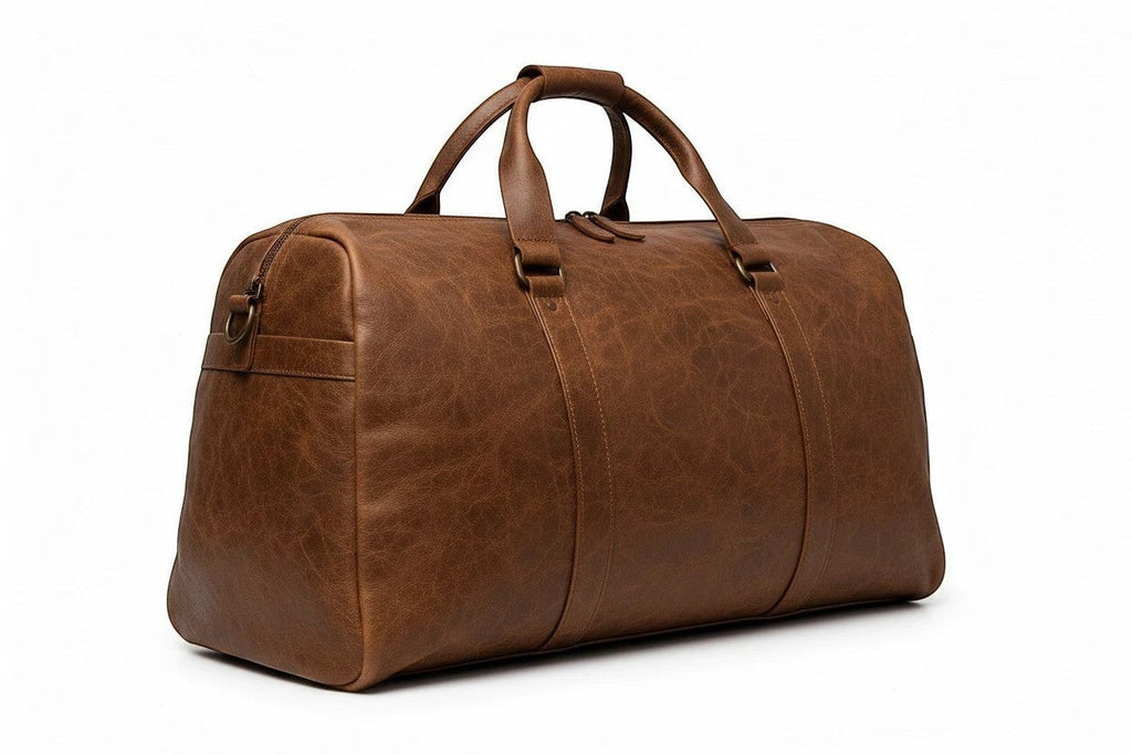 Barutti Toscana brown distressed leather weekender duffel bag with brass hardware.