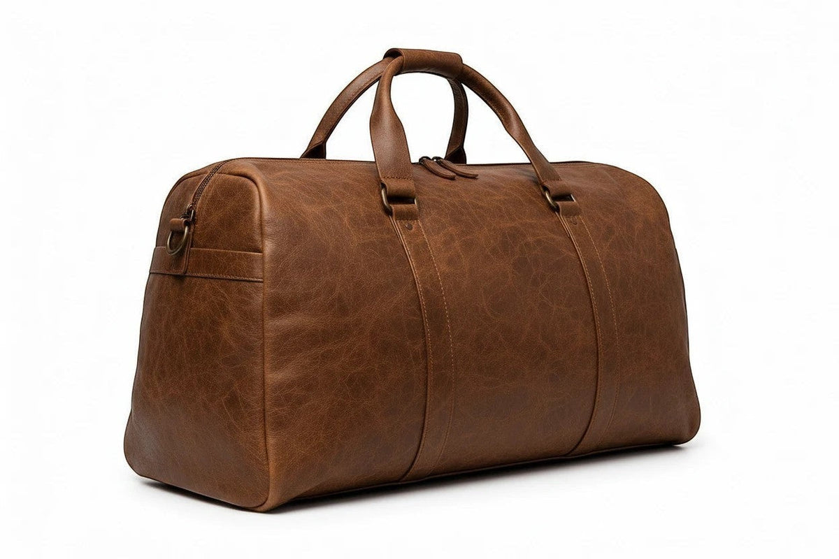 Barutti Toscana brown distressed leather weekender duffel bag with brass hardware.